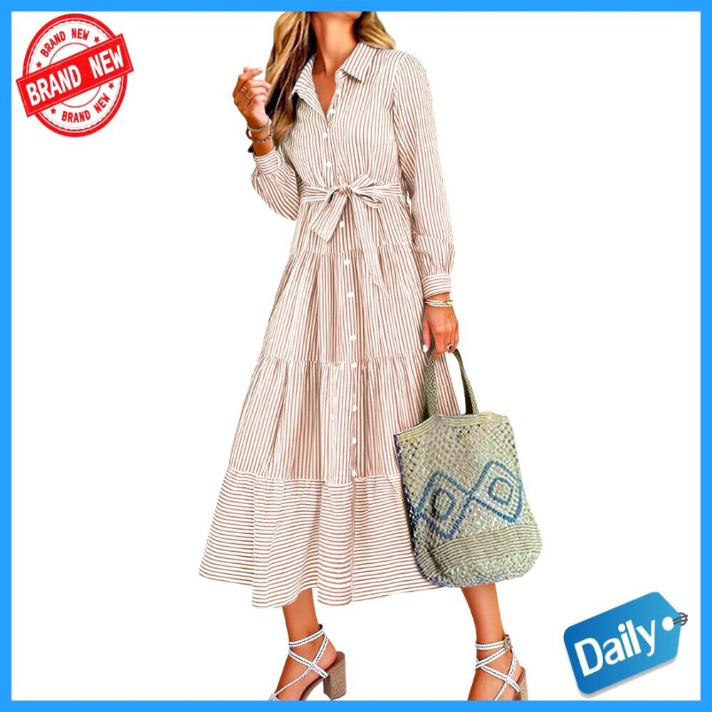Long Sleeve Maxi Shirt Dress Button Down Tie Waist Striped Plaid Casual